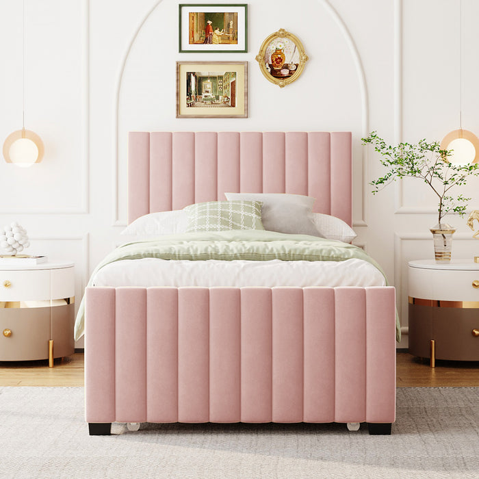 Ethan Space-Saving Velvet Upholstered Platform Bed with Trundle,Twin Size,Pink Twin Bed