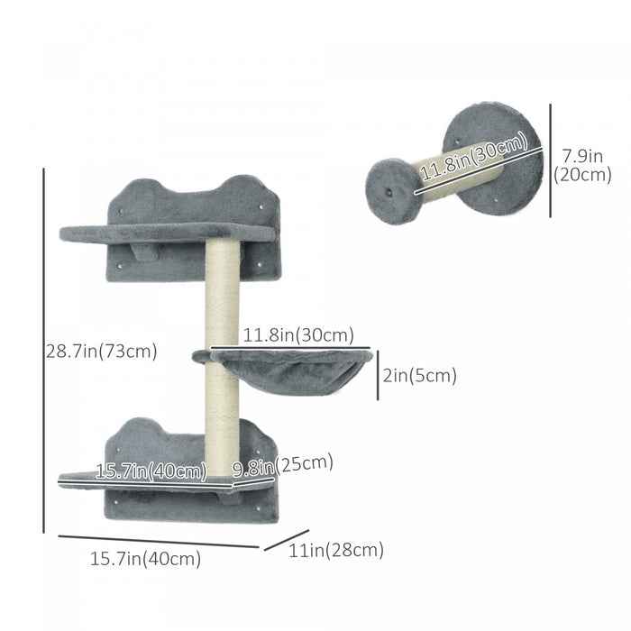 Pawhut 4pcs Cat Wall Shelf With Scratching Posts, Hammock, Setps, Platforms, Cat Shelves For Relaxing, Sleeping, Jumping, Cat Wall Climber For Indoor Cats, Grey