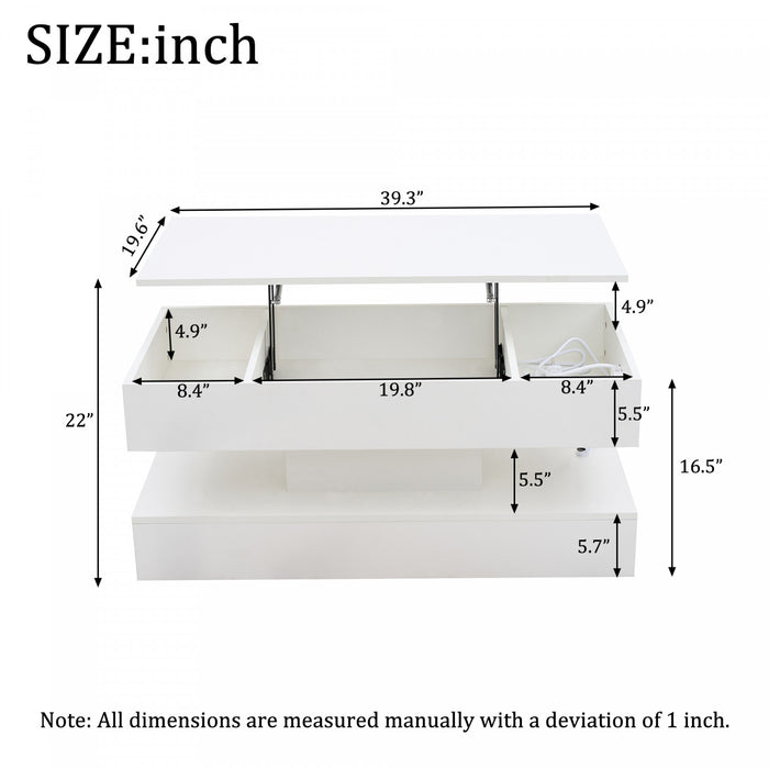 Flexi 39.9 Inch Hydraulic Lift-Top Coffee Table with LED Lighting and Hidden Storage, White