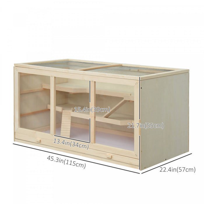 Pawhut Wooden Hamster Cage, Mouse Mice Rat Cage Small Animal Cage, 3 Tier Exercise Play House With Slide, Tray, Natural Wood
