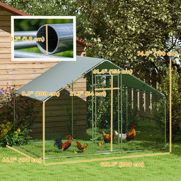 PawHut Metal Chicken Coop, 9.8 x 5.6 FT Walk-in Chicken Run with Weatherproof UV Cover, Lockable Door, Large Outdoor Poultry Cage for 5-8 Chickens, for Farm, Yard, Garden, Silver