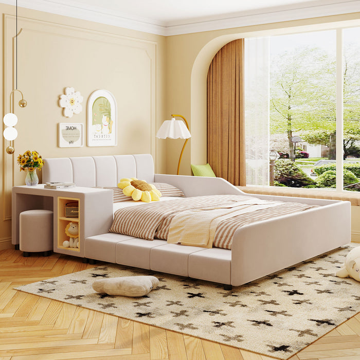 Lily Velvet Upholstered Grounded Bed with Desk and Stool,Full Size,Beige Full Bed