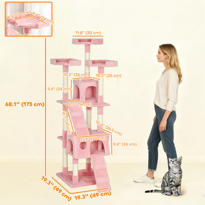 PawHut 68 inches Cat Tree, Multi-Level Large Cat Tower Condo with Scratching Posts, Perches, Cat Houses, Dangling Toy, Pink