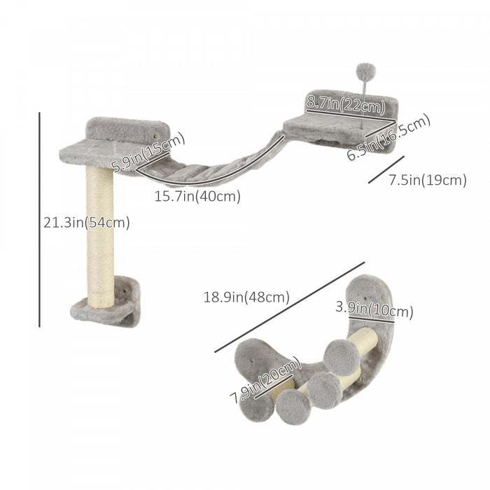 Pawhut Cat Wall Shelf With Scratching Post, Cat Wall Shelves For Relaxing, Climbing, Double Platforms Cat Wall With Soft Ladder And Play Balls, Grey