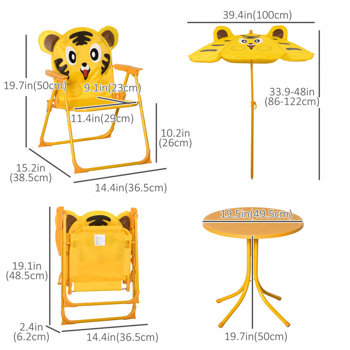 Outsunny Children Table and Chair Set Outdoor, Kids Folding Picnic Table and Chair Set with Removable & Height Adjustable Sun Umbrella for Garden Backyard, Tiger Pattern, Yellow
