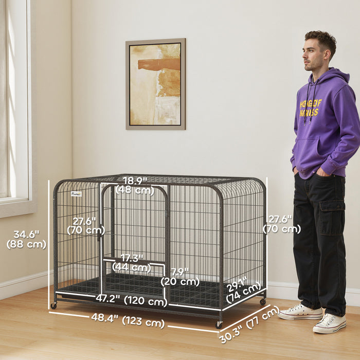 PawHut 48 Inch Heavy Duty Dog Crate, Large Metal Dog Cage with Lockable Wheels and Removable Tray for Small Medium Large Breeds, Puppy Playpen for Indoor Outdoor, Black