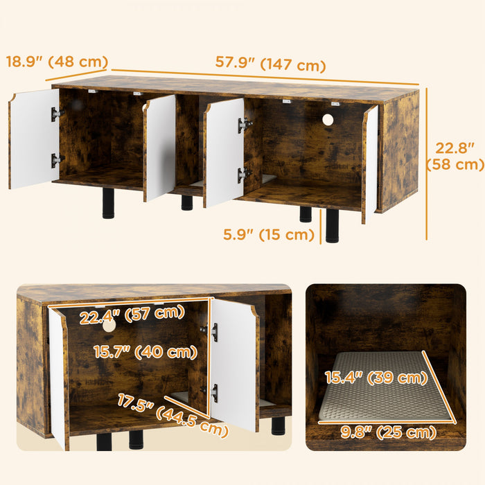 Pawhut Hidden Cat Litter Box Enclosure For 2 Cats, Litter Box Furniture Tv Stand Cat Condo With 2 Cabinets, Sand Drain Pad, Double Doors, For Indoor Use, Rustic Brown