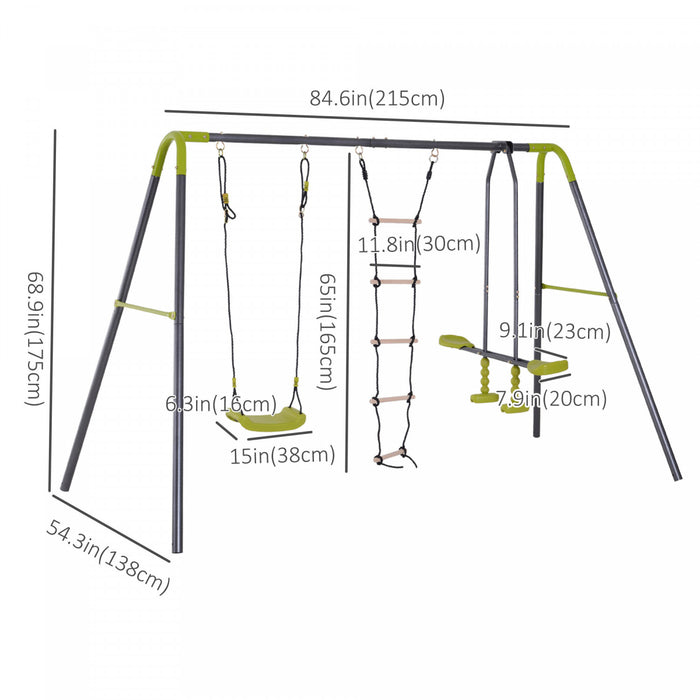 Homcom 3 In 1 Kids Swing Set, Double Face To Face Swing Chair & Glider Set, Climbing Ladder A-frame Outdoor Heavy Duty Metal Swing Set For Backyard Playground