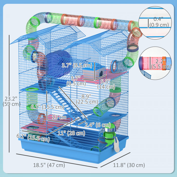 Pawhut 18.5\" Hamster Cage, 5 Tiers Small Animal Cage With Tunnel Tube System, Water Bottle, Exercise Wheel, Ramp, Food Dish - Blue