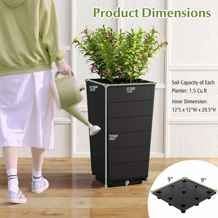 Costway 23\" Tall Planter Set Of 2 For Indoor/ Outdoor Use Large Self-watering Plant Pot Black