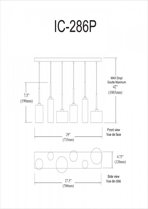 Dainolite Industrial Chic 6 Light Horizontal Pendant Polished Chrome Finish Clear Glass Lamp
