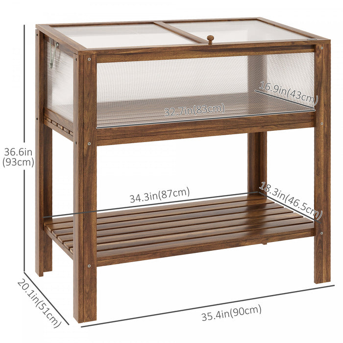 Outsunny 35.5\" X 20\" X 36.5\" Wooden Cold Frame Greenhouse, Garden Portable Raised Planter With Bottom Shelf, Top Opening For Outdoor & Indoor, Brown