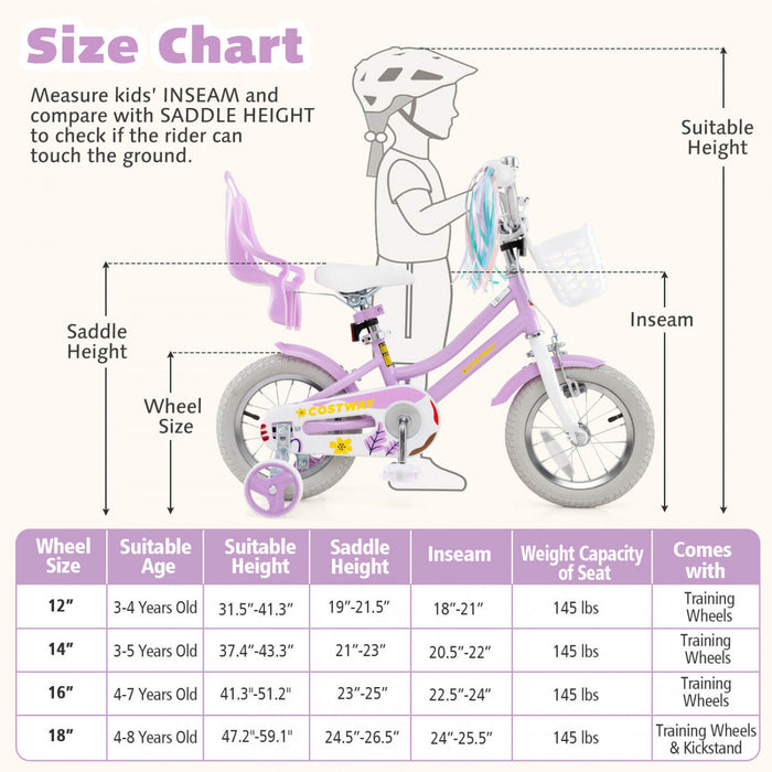 Costway 12 Inch Kids Bike With Training Wheels Doll Seat Basket Streamers Hand Brake Purple