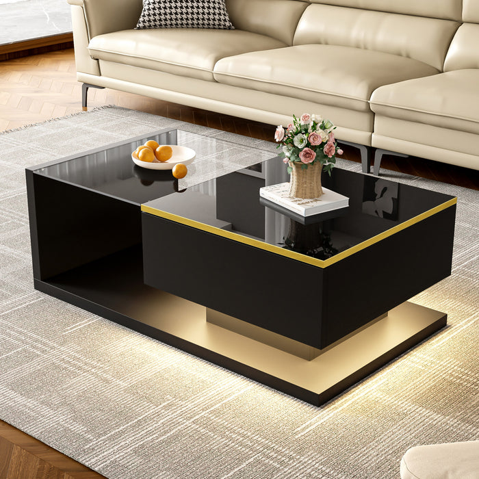Maxwell High-Gloss 39.4\" Long Coffee Table with Glass and LED Effect,Black