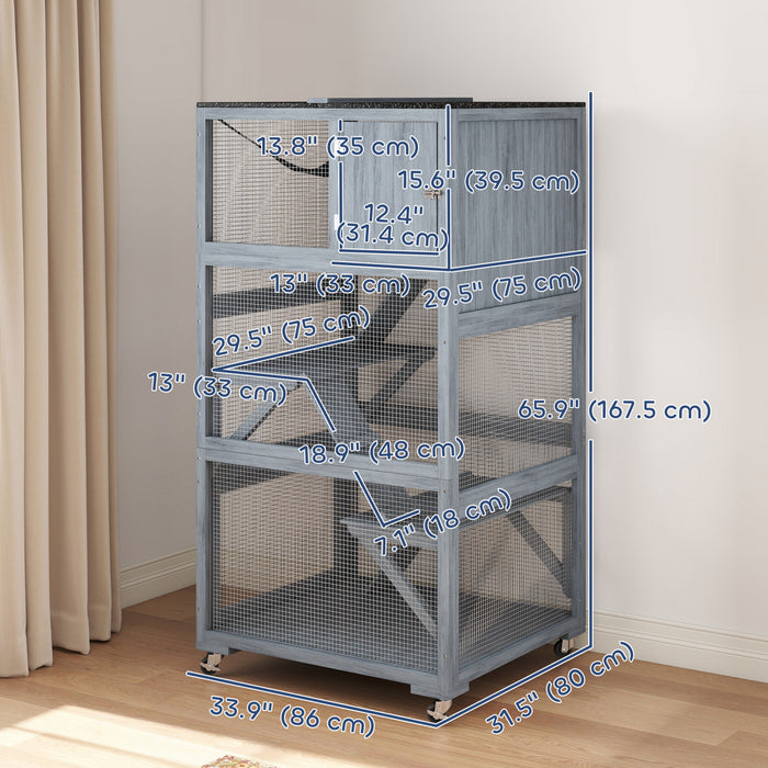 PawHut 66\"H Catio on Brake Wheel, Indoor Outdoor Cat Enclosure Cage with Weatherproof Roof Hammock Multiple Platforms Resting Condo Ramps Lockable Doors, for 1-3 Cats, Grey