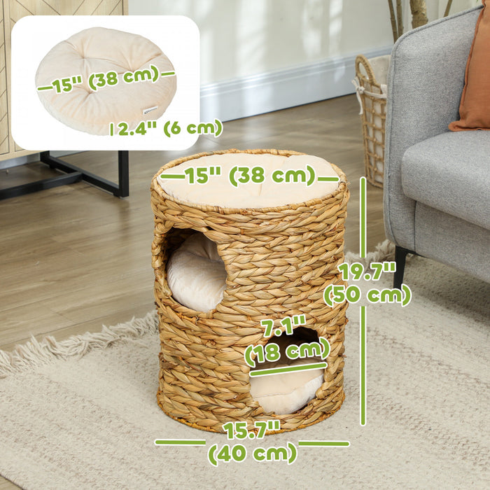 Pawhut Cat Condo Barrel, 2-storey Cat Tree Tower With Top Perch And 2 Hideaways, 2 Entrances, 3 Cushions, For Indoor Kittens, Light Brown
