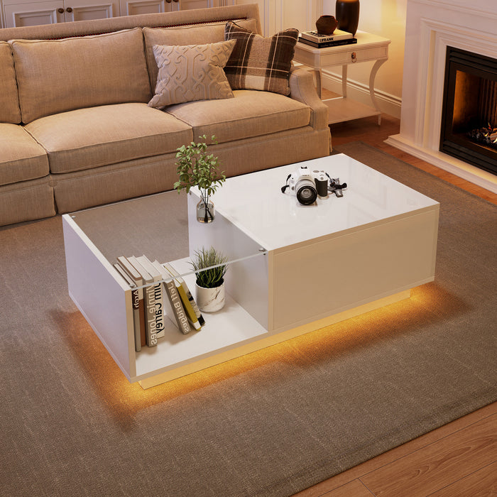 James Lift Up Coffee Table with Hidden Storage and LED Lighting,White