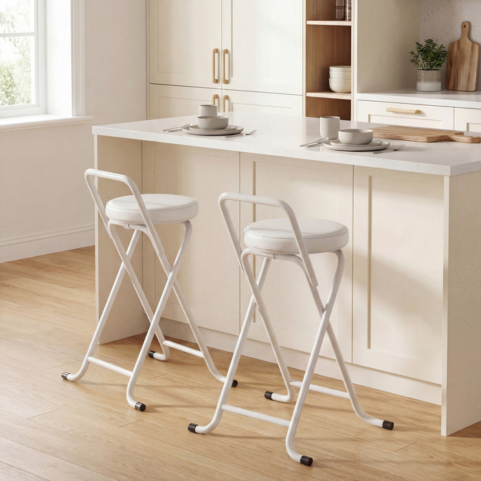 HOMCOM Folding Stools Set of 2, Foldable Bar Stools with PU Seat, White