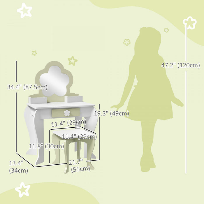 Qaba Kids Vanity Set With Mirror And Stool, Makeup Vanity Table For Children 3-6 Years Old, With Drawer Storage Boxes, Flower-design