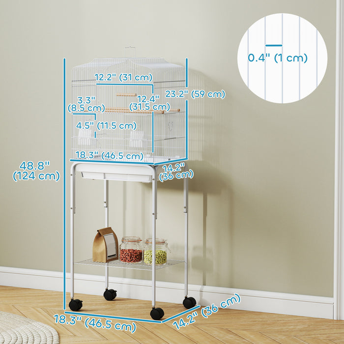 Pawhut 49\" Bird Cage For Finches, Canaries, Budgies, Parrot Cage With Accessories, Wheels, Detachable Stand, Storage, White