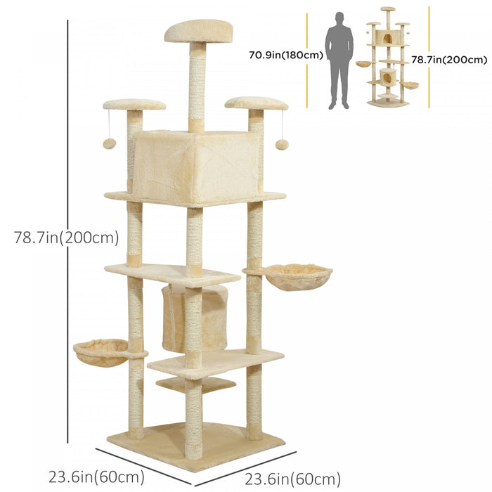 Pawhut 79\" Cat Tree Tower, Large Cat Condo Furniture, Multi-level Cat Tower With Scratching Posts, Cozy Hammock, Dangling Balls - Beige