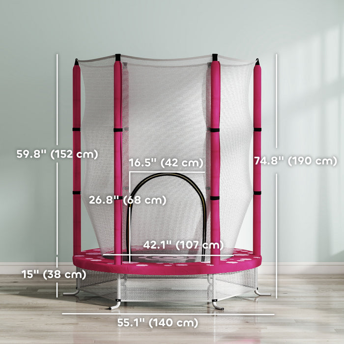 Qaba 55\" Trampoline for Kids, Toddler Trampoline with Safety Enclosure, for Jumping and Playing, Indoor Outdoor Use, Ages 3-6 Years, Sun Pattern, Pink