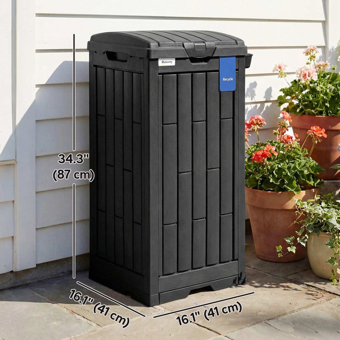 Outsunny 29 Gallon Outdoor Garbage Bin with Dual Lid and Side Holder, Waterproof Plastic Garbage Can with Drip Tray, Outdoor Waste Trash Can for Patio, Backyard, Garden, Black