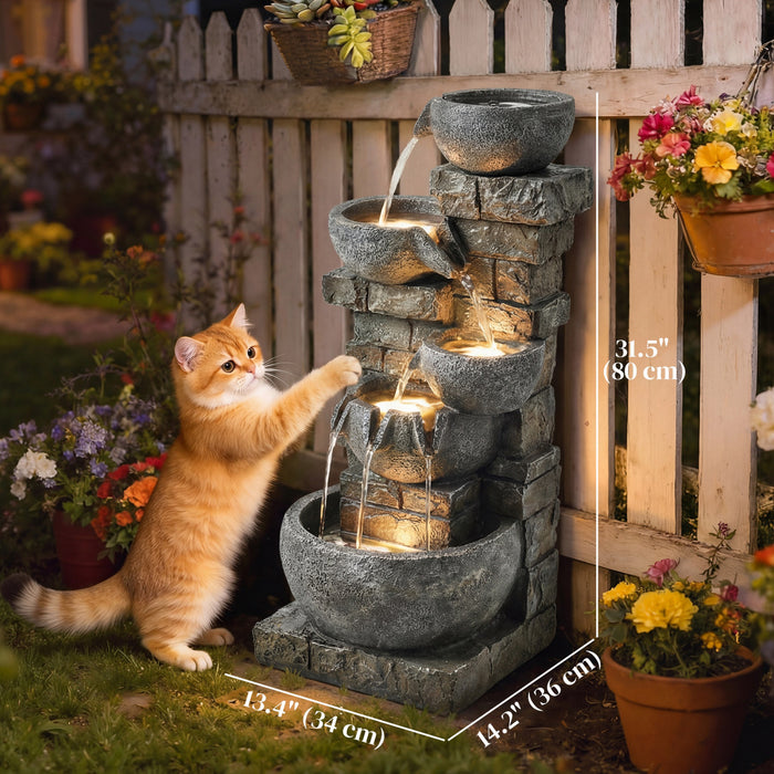 Outsunny 5 Tiers Outdoor Water Fountain with LED Lights for Garden, Grey