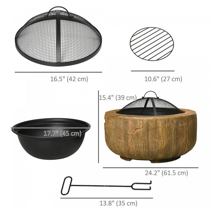 Outsunny Fire Pit with Spark Screen and Poker, 24\" Wood-burning Bowl, Brown