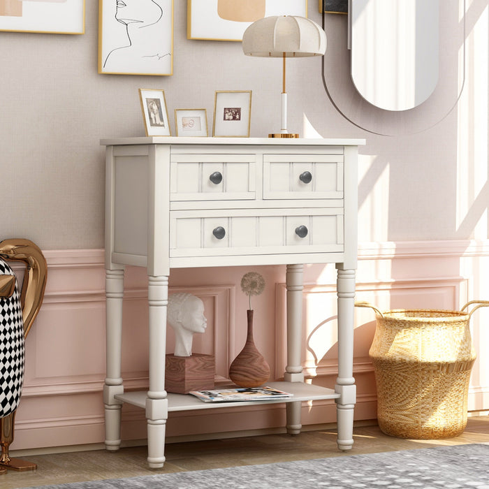 Olivia Solid Wood Console Table With Drawers And Bottom Shelf - White