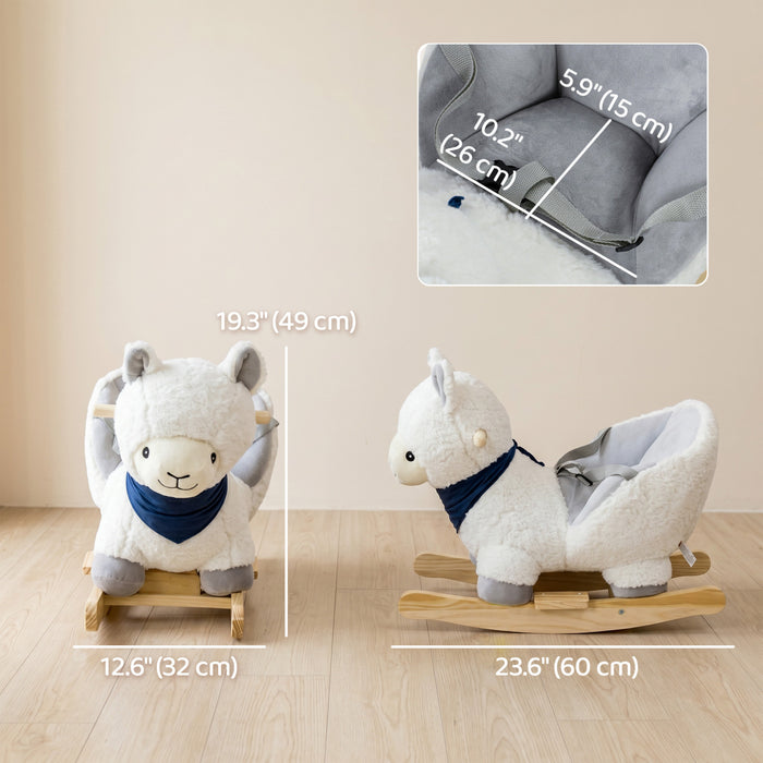 Qaba Baby Rocking Horse, Plush Animal Rocker Alpaca, Kids Ride on Toy with Realistic Sound, Seat Belt, Handle Grip, Interactive Toy for Toddlers 12-36 Months, White