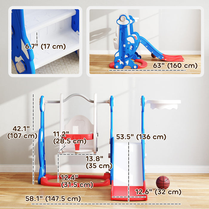 Qaba 4-in-1 Toddler Slide, Baby Kids Indoor Slide and Swing Set with Basketball Hoop, Climber, Indoor Playground for Ages 1.5-4 Boys Girls Toddler, Rocket Themed, Dark Blue