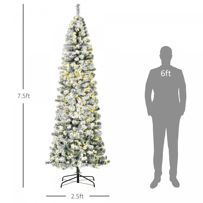 Homcom 7.5ft Prelit Artificial Snow Flocked Pencil Christmas Tree