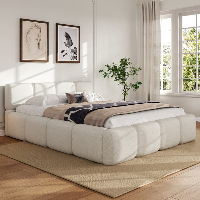 Aiden Platform Bed with Supportive Upholstered Frame in Boucle Fabric,King Size,White King Bed