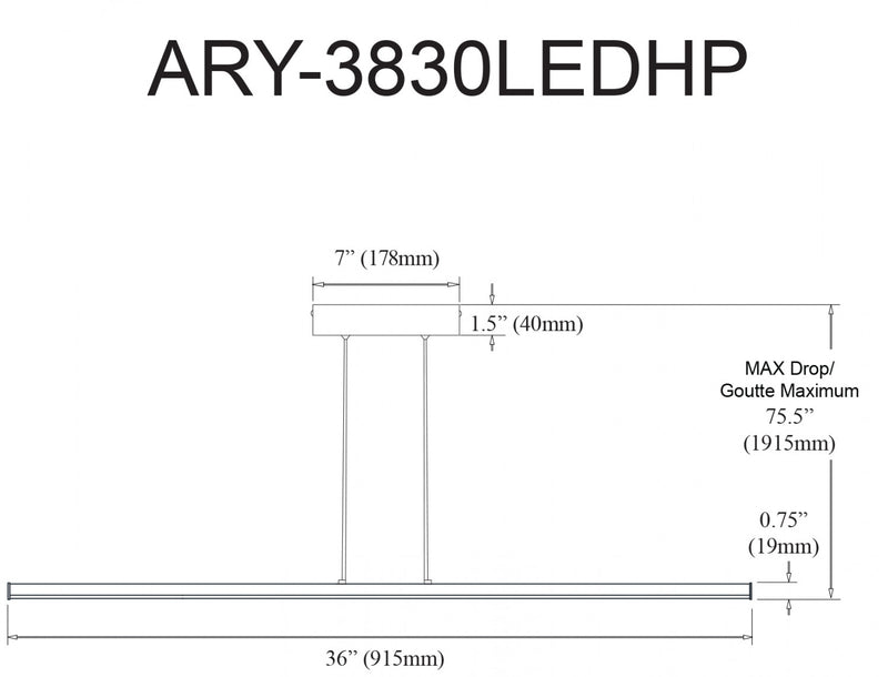 Dainolite Array LED Horizontal Pendant 30w 36\" Matte Black Finish White Acrylic Diffuser Lamp