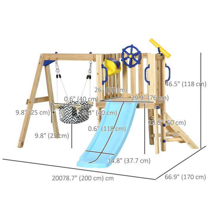Outsunny Kids Swing Set with Slide, Wooden Swing Set with Baby Swing Seat, Captain's Wheel, Telescope, Outdoor Play Structure for Playground, for Ages 18-48 Months, Natural