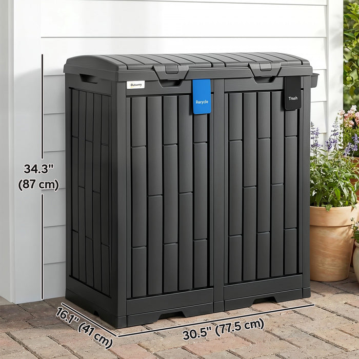 Outsunny 58 Gallon Double Outdoor Garbage Bin with Dual Lid, Side Holder, Waterproof Plastic Garbage Can with Drip Trays, Outdoor Waste Trash Can for Patio, Backyard, Garden, Black