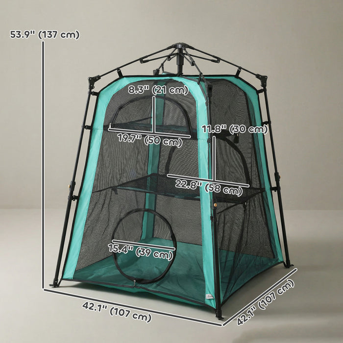 PawHut Cat Tent, 3-Tier Portable Pet Tent for Indoor Outdoor, Cat House with Multi-Door, Carry Bag, Breathable Mesh for Security & Ventilation, Sun Protection, Green