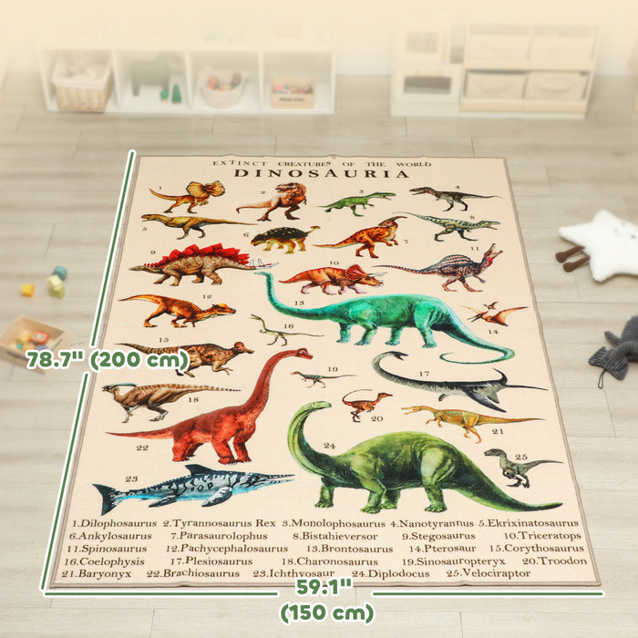 Qaba Large Play Mat, 79\" x 59\" Educational Polyester Crawling Mat, Non-Slip Nursery Rug, Rolls Up for Storage, for Toddlers, Living Room and Bedroom with Dinosaur Pattern, Khaki