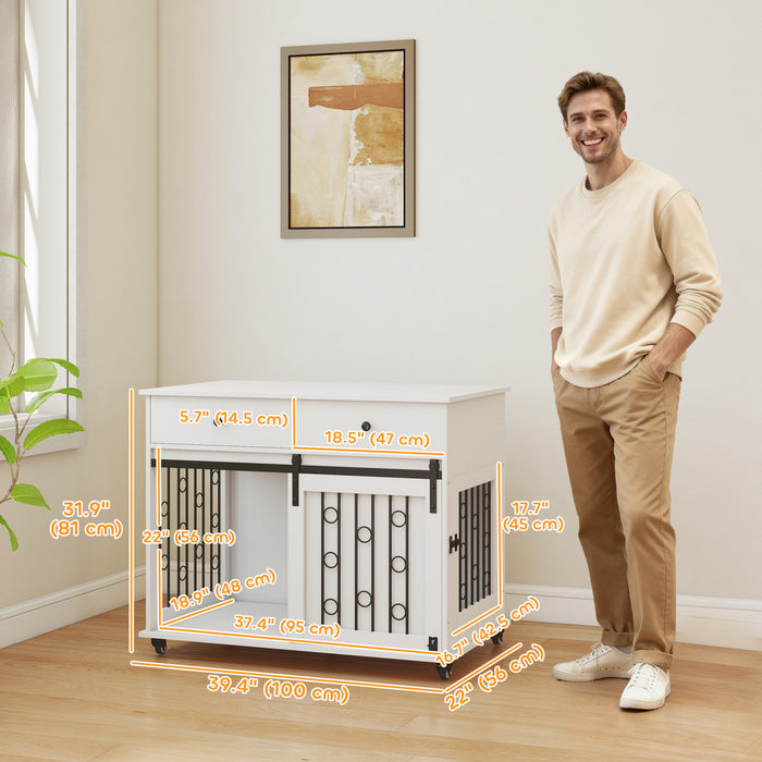 PawHut Dog Crate Furniture, 39\" Dog Kennel Indoor with 2 Storage Drawers, Wheels, Sliding Door, Decorative End Side Table Pet House Cage for Medium and Large Breeds, White