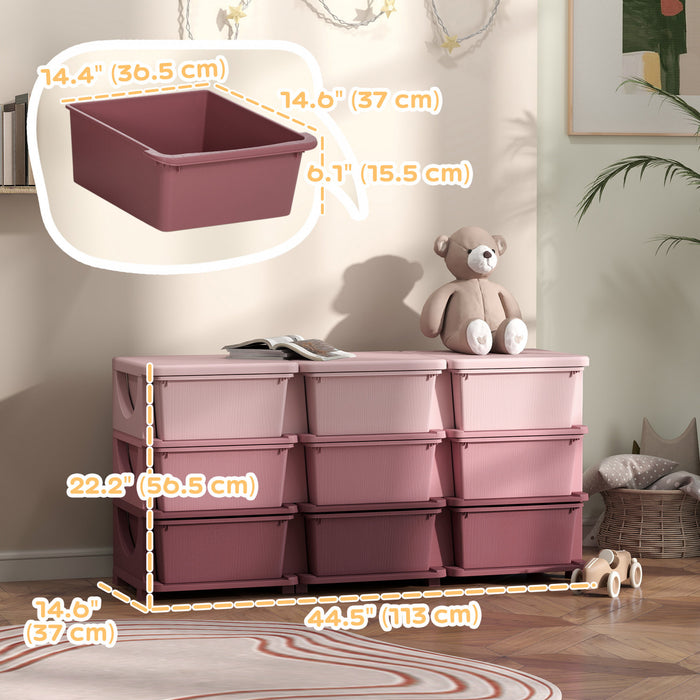 Qaba Kids Toy Storage Organizer With 9 Plastic Bins, 3 Tier Drawer Chest Utility For Kids Bedroom Nursery Kindergarten Living Room For Boys Girls Toddlers, Pink