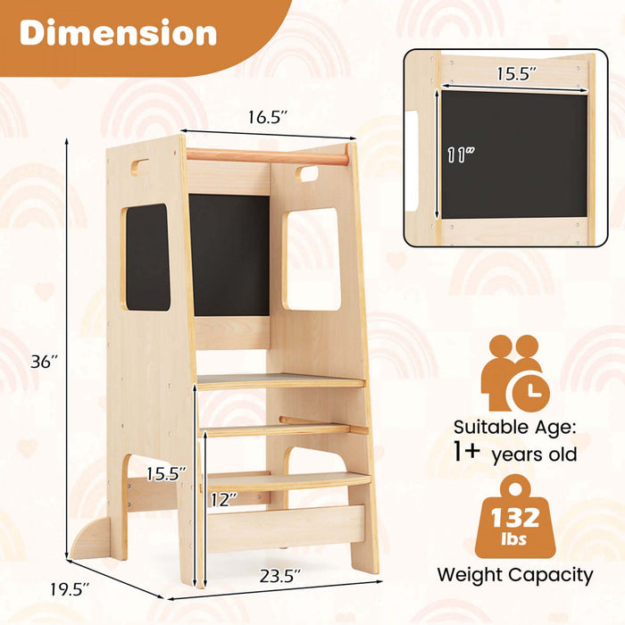 Costway Toddler Kitchen Step Stool With Activity Chalkboard Adjustable Height & Safety Rail Beige