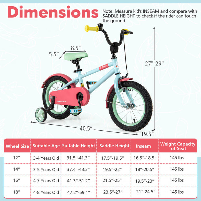 Costway 14\" Kids Bike With Adjustable Saddle Handlebar Removable Training Wheels Handbrake Red