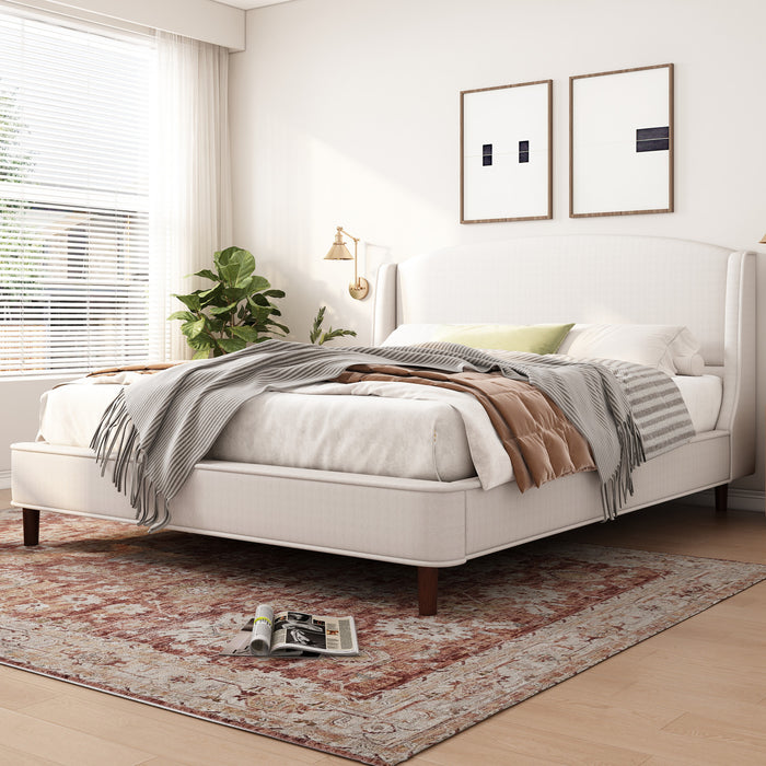 Ellison Fabric Upholstered Platform Bed with Wingback Headboard and Wooden Slat,King Size - Beige