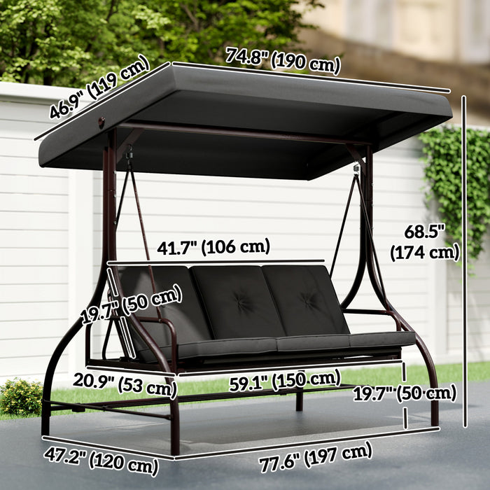 Outsunny 3 Seater Patio Swing Chair with Canopy Convertible Porch Swing Bed