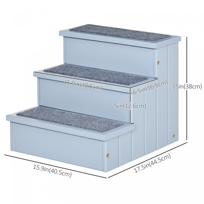 Pawhut Pet Steps 3-step Dog Stairs For Small Dogs Cats And Wooden Ramp With Storage Box Carpet Tread, Grey