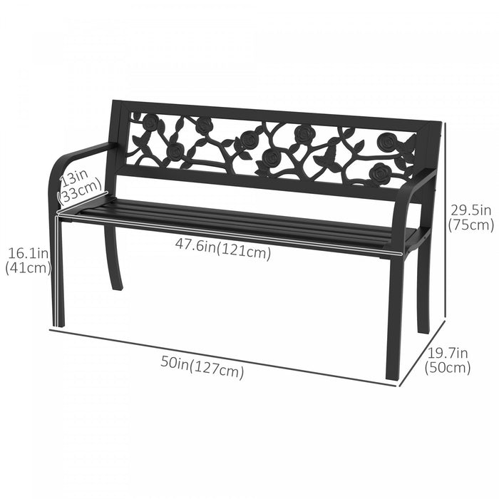 Outsunny Outdoor Bench With Floral Pattern Backrest, Patio Loveseat, Black