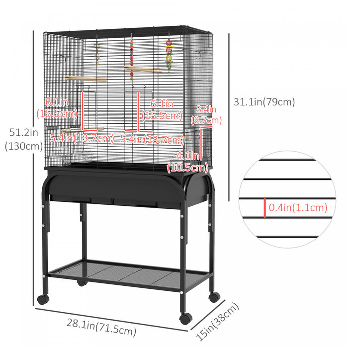 Pawhut 51\" Bird Cage For Budgies Canaries Finches Lovebirds Parakeets With Rolling Stand, Toys, Black