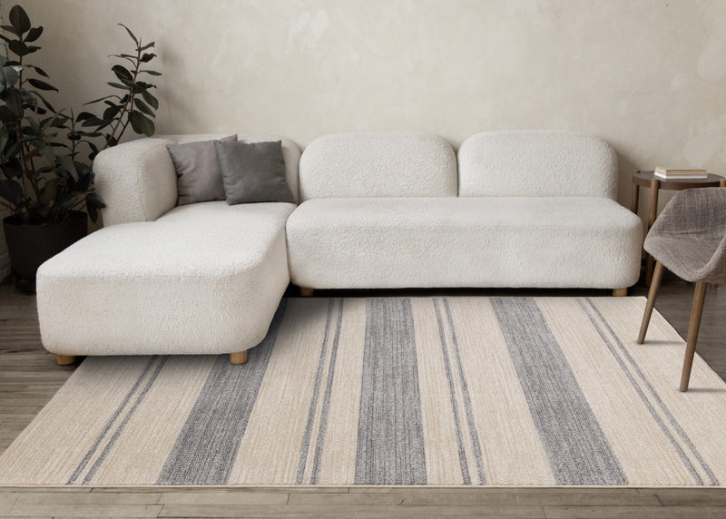 Covington Beige Grey Striped Design Rug, 7'10\" x 10'6\" Indoor Area Rug