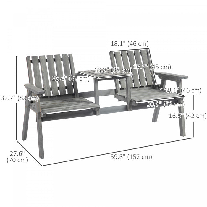 2-seater Outdoor Bench With Table, Wooden Garden Bench, Grey